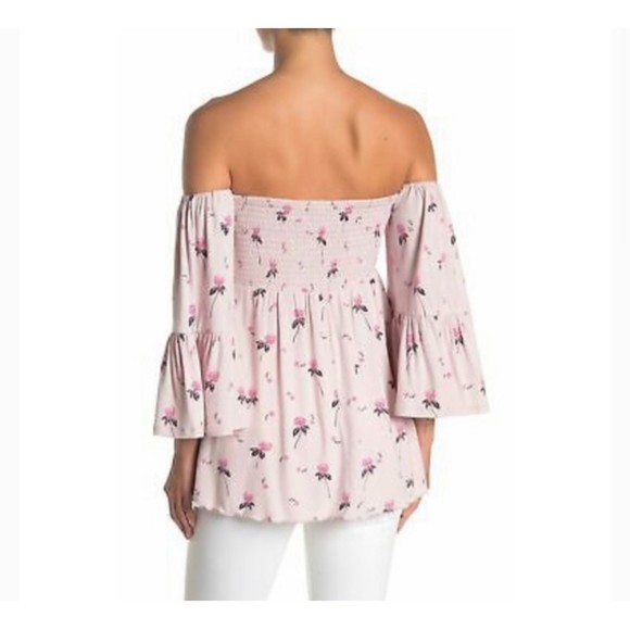 FREE PEOPLE Lana Off The Shoulder Pink Lilac Floral Bell Sleeves Tunic - Picture 2 of 7